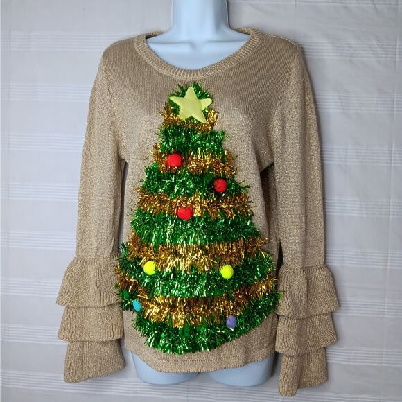 Holiday Time Dimensional Christmas Tree Ugly Sweater Size‎ Small Ruffle Sleeves - Picture 1 of 12